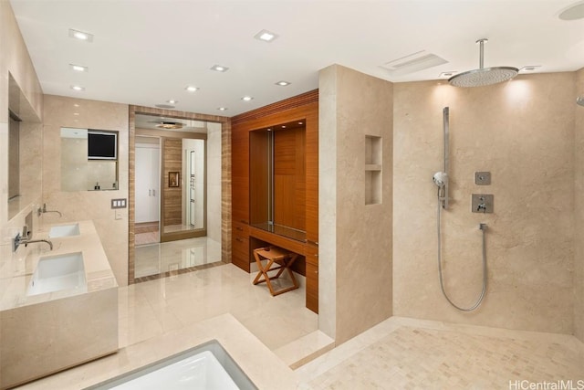 bathroom with vanity and walk in shower