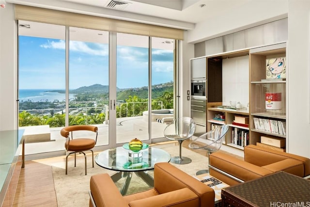 living area featuring a mountain view