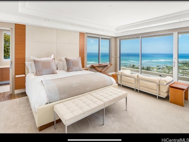 bedroom featuring a raised ceiling, a water view, light carpet, and a view of the beach