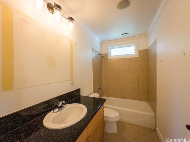 full bathroom with tile patterned floors, toilet, tiled shower / bath combo, and ornamental molding