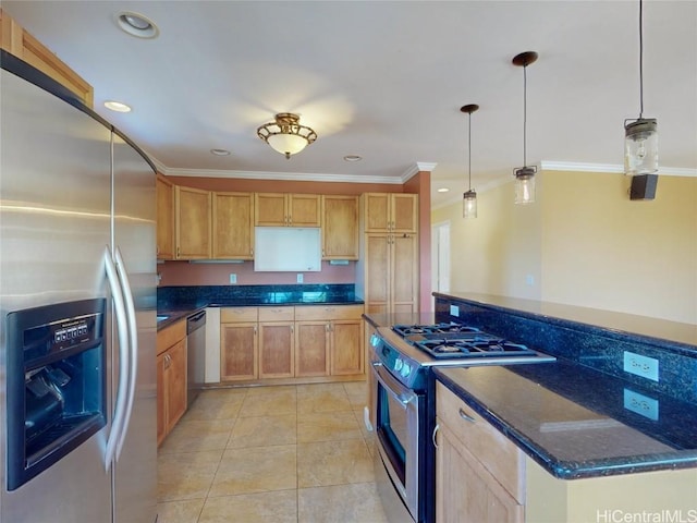 kitchen with appliances with stainless steel finishes, dark stone counters, ornamental molding, light tile patterned floors, and pendant lighting