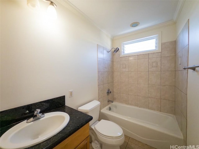 full bathroom featuring vanity, tile patterned flooring, tiled shower / bath combo, toilet, and ornamental molding