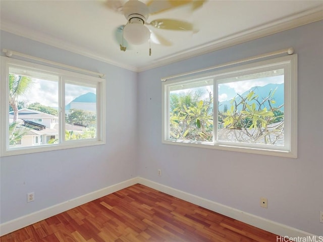 spare room with hardwood / wood-style flooring, ceiling fan, and ornamental molding