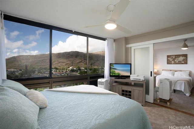 carpeted bedroom with ceiling fan, expansive windows, a mountain view, a textured ceiling, and a closet