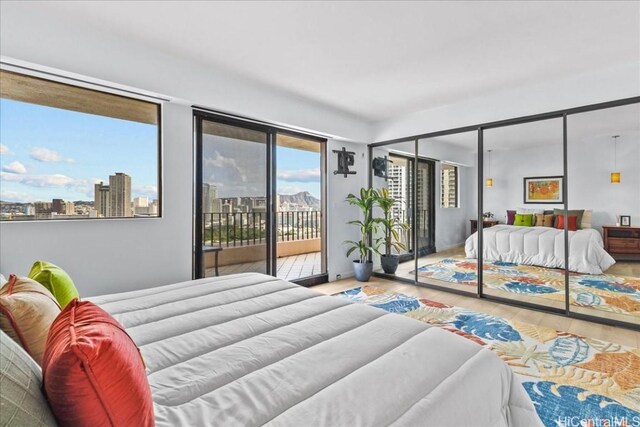 bedroom with wood-type flooring and access to exterior