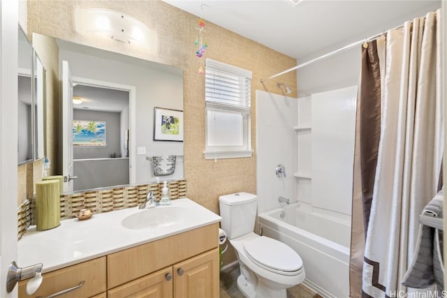 full bathroom featuring decorative backsplash, shower / bath combo with shower curtain, vanity, and toilet