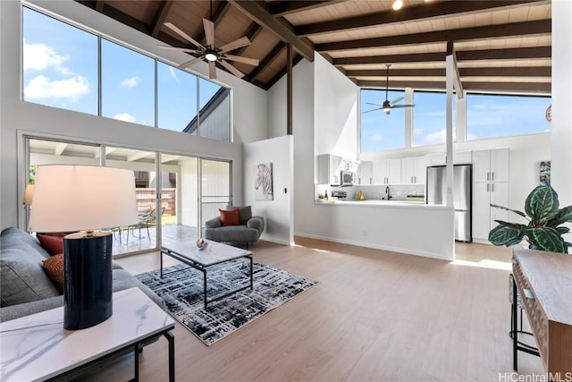 living room featuring high vaulted ceiling, beam ceiling, light wood-type flooring, and wood ceiling