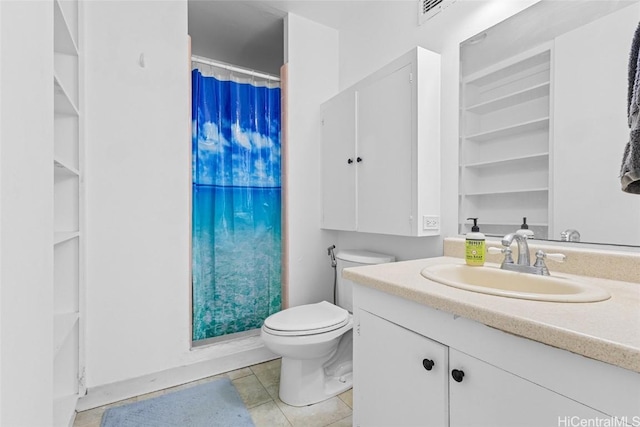 bathroom featuring toilet, vanity, tile patterned floors, and a shower with shower curtain