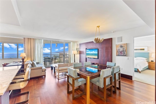 dining space featuring floor to ceiling windows, a water view, and hardwood / wood-style flooring