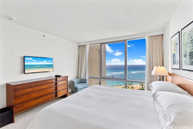 carpeted bedroom with access to exterior, a water view, and a wall of windows