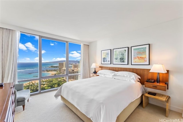 carpeted bedroom with floor to ceiling windows and a water view