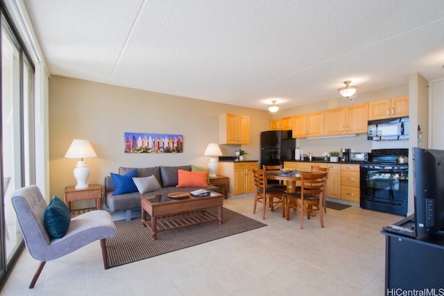 living room featuring a textured ceiling