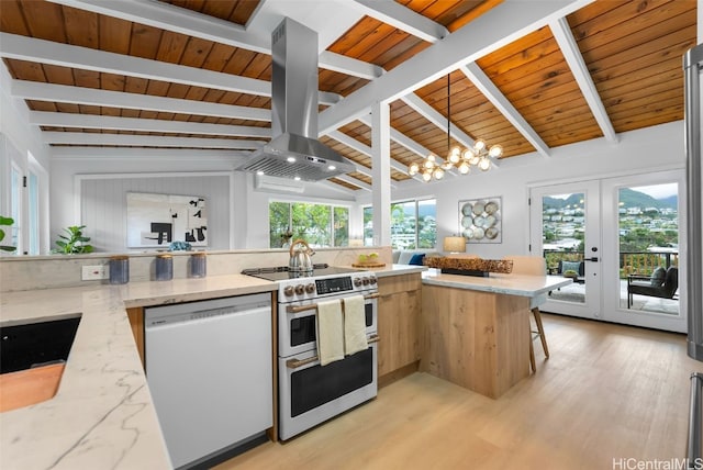 kitchen featuring an inviting chandelier, white dishwasher, range with two ovens, light stone countertops, and wood ceiling