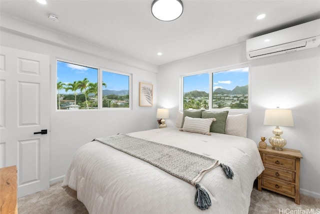 carpeted bedroom featuring an AC wall unit and crown molding