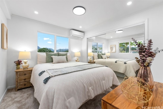 bedroom featuring carpet flooring, a wall mounted AC, and crown molding