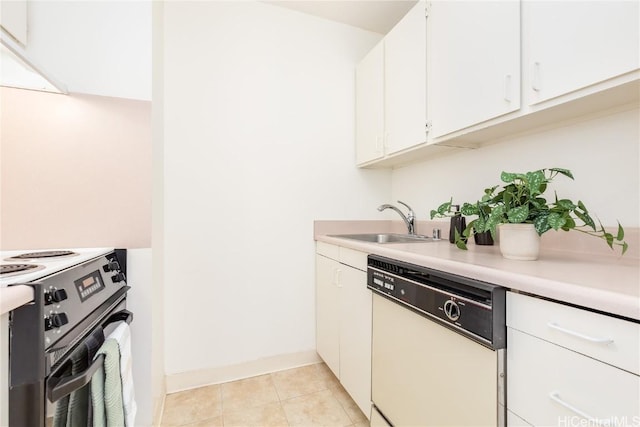 kitchen with white cabinets, sink, electric range, dishwasher, and light tile patterned flooring