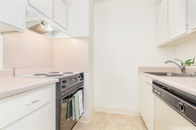 kitchen with dishwasher, sink, light tile patterned floors, black electric range oven, and white cabinets