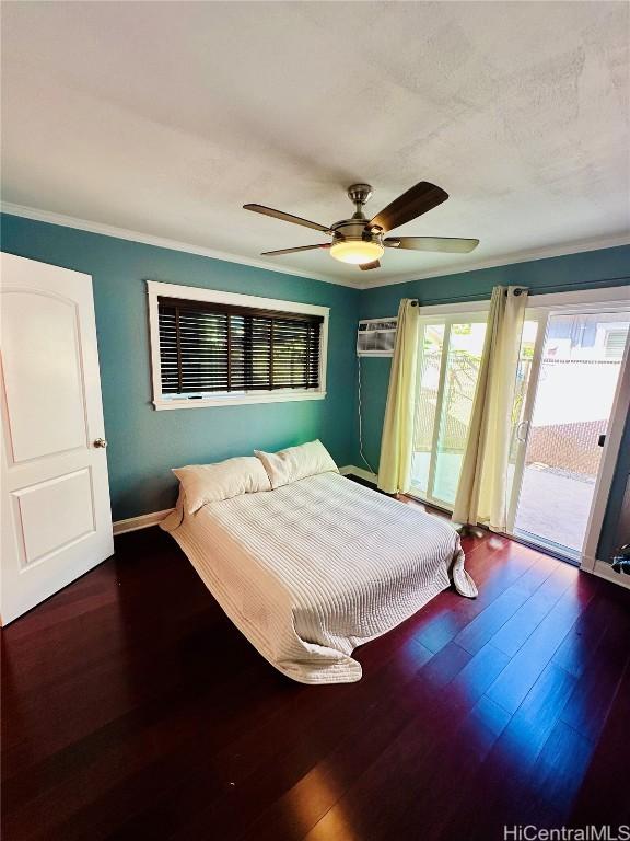 bedroom with access to exterior, ornamental molding, dark hardwood / wood-style floors, and ceiling fan