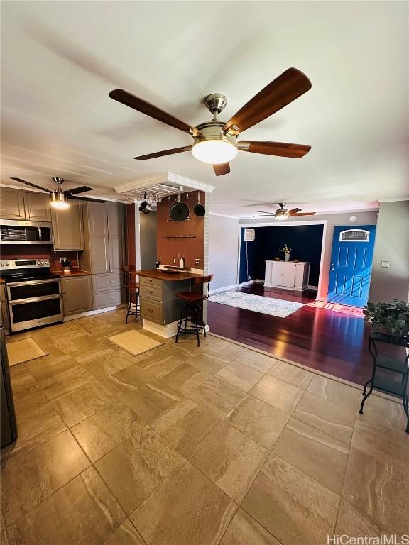 living room featuring ceiling fan