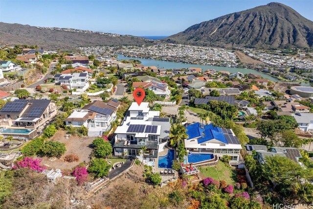 bird's eye view featuring a water and mountain view