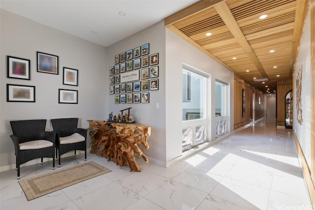 hallway featuring wooden ceiling