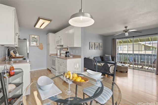 dining space with sink, light hardwood / wood-style floors, and ceiling fan