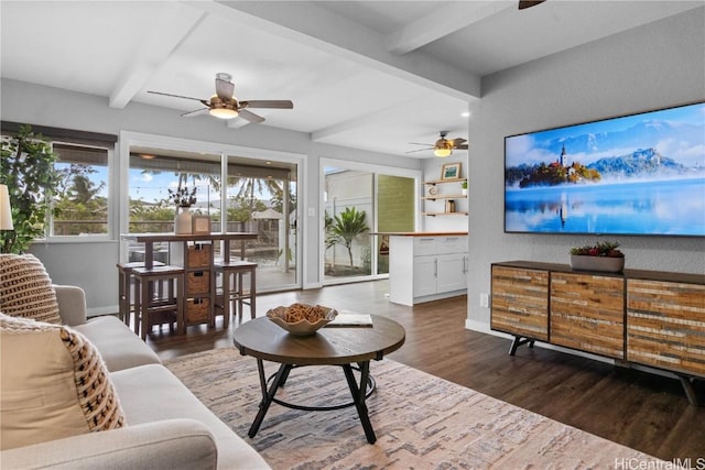 living room featuring ceiling fan, beam ceiling, and dark hardwood / wood-style flooring