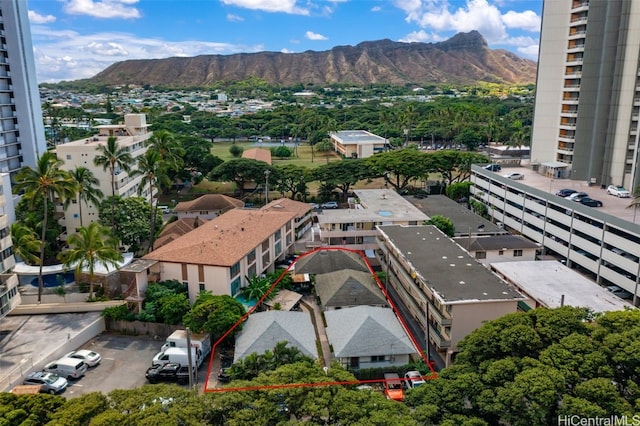 drone / aerial view featuring a mountain view