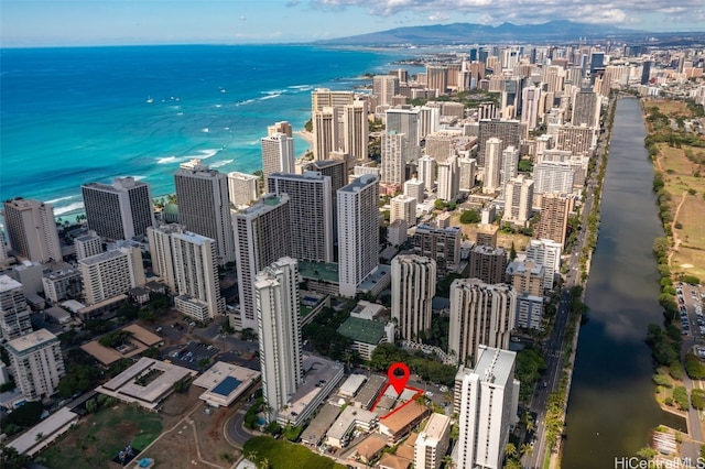 drone / aerial view with a water view