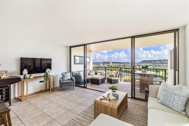 tiled living room with expansive windows