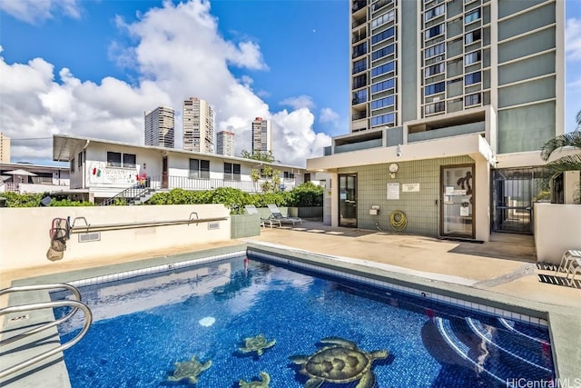 view of swimming pool with a patio