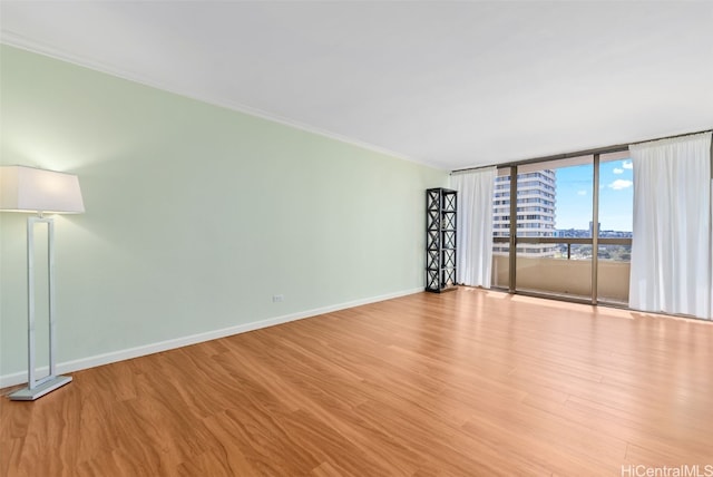 spare room with light hardwood / wood-style floors, expansive windows, and ornamental molding