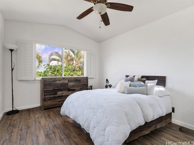 bedroom featuring lofted ceiling, ceiling fan, and dark wood-type flooring