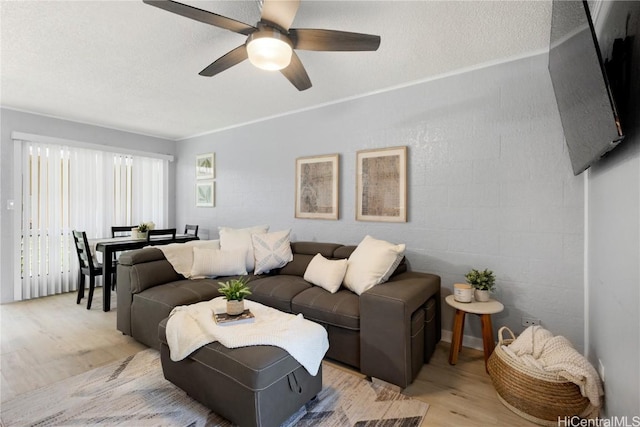 living room featuring ceiling fan, a textured ceiling, and light hardwood / wood-style floors