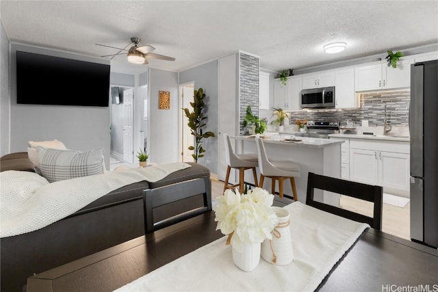 living room with ceiling fan, sink, and a textured ceiling