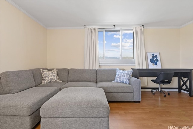 living room with ornamental molding and hardwood / wood-style floors