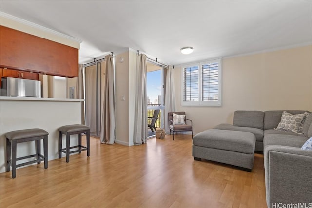 living area featuring baseboards, light wood-style floors, and ornamental molding