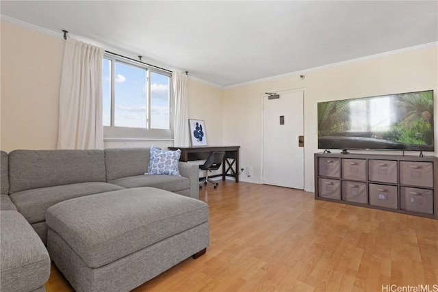 living area featuring light wood-type flooring and ornamental molding