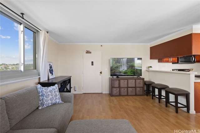 living area with crown molding and light wood-style flooring