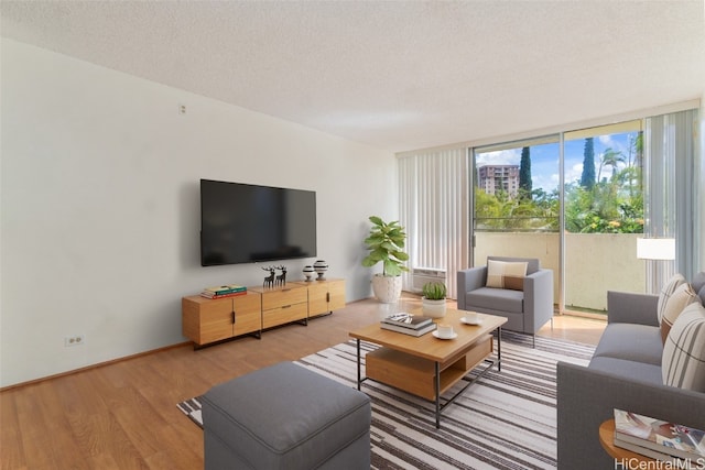 living room with expansive windows, a textured ceiling, and light wood-type flooring