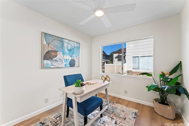 office featuring hardwood / wood-style floors and ceiling fan