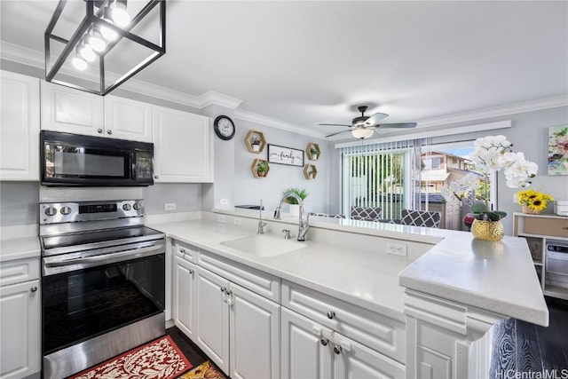 kitchen with white cabinetry, sink, ornamental molding, kitchen peninsula, and electric stove