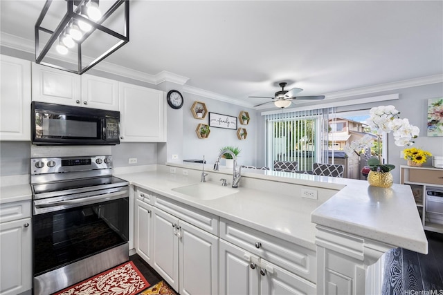 91-1022 Huliau St Unit 1A, Ewa Beach, HI 96706 - kitchen with black microwave, stainless steel electric range, crown molding, and a sink