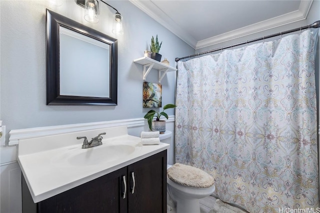 bathroom with ornamental molding, walk in shower, vanity, and toilet