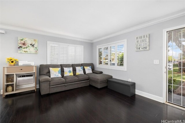 living room featuring dark wood-type flooring and crown molding