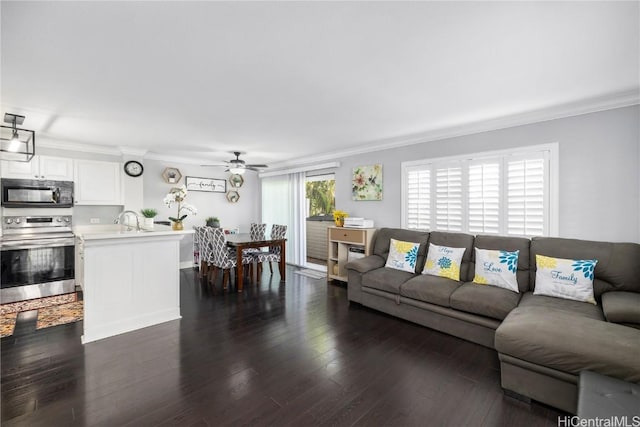 living area with ornamental molding, ceiling fan, and dark wood-style floors