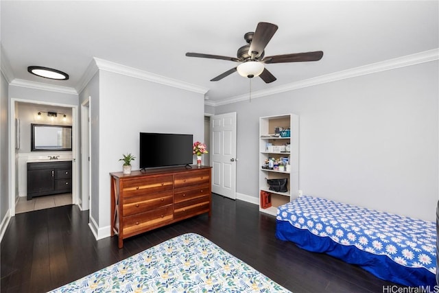 bedroom with crown molding, dark wood-type flooring, sink, and ceiling fan