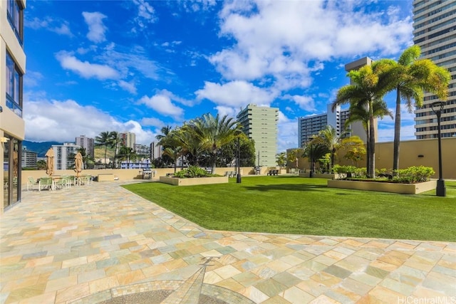 view of home's community with a patio and a lawn