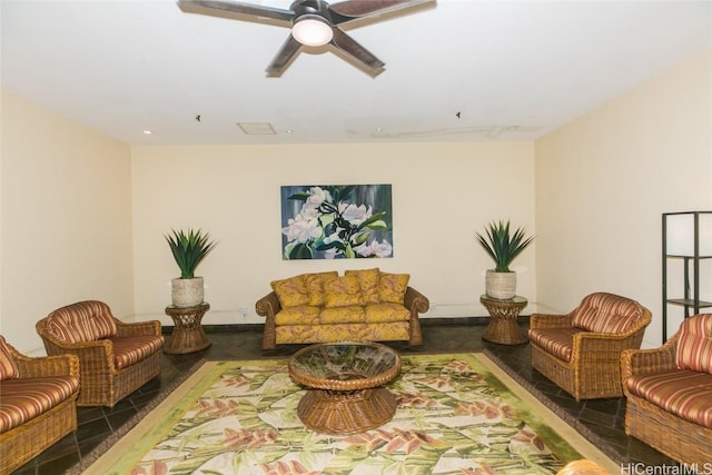 living room with ceiling fan