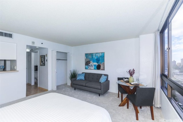 bedroom featuring carpet flooring and a textured ceiling